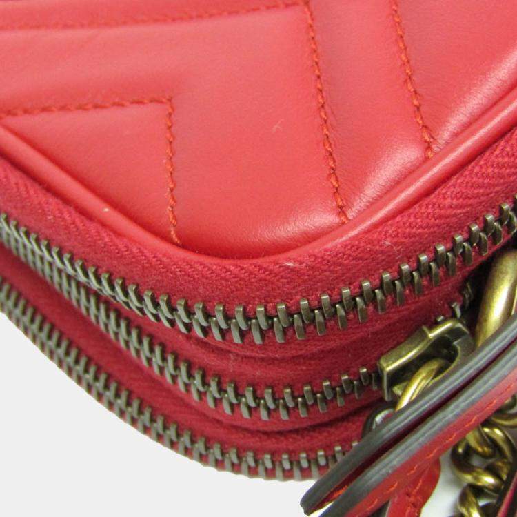 Pre Owned Gucci GG Marmont Leather Shoulder Bag Red Color