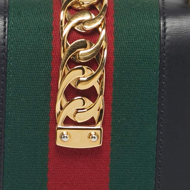 Pre Owned Gucci Black Leather Mini Web Sylvie Top Handle Bag