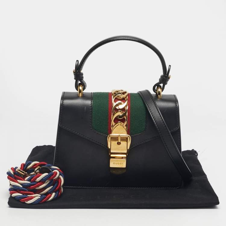Pre Owned Gucci Black Leather Mini Web Sylvie Top Handle Bag
