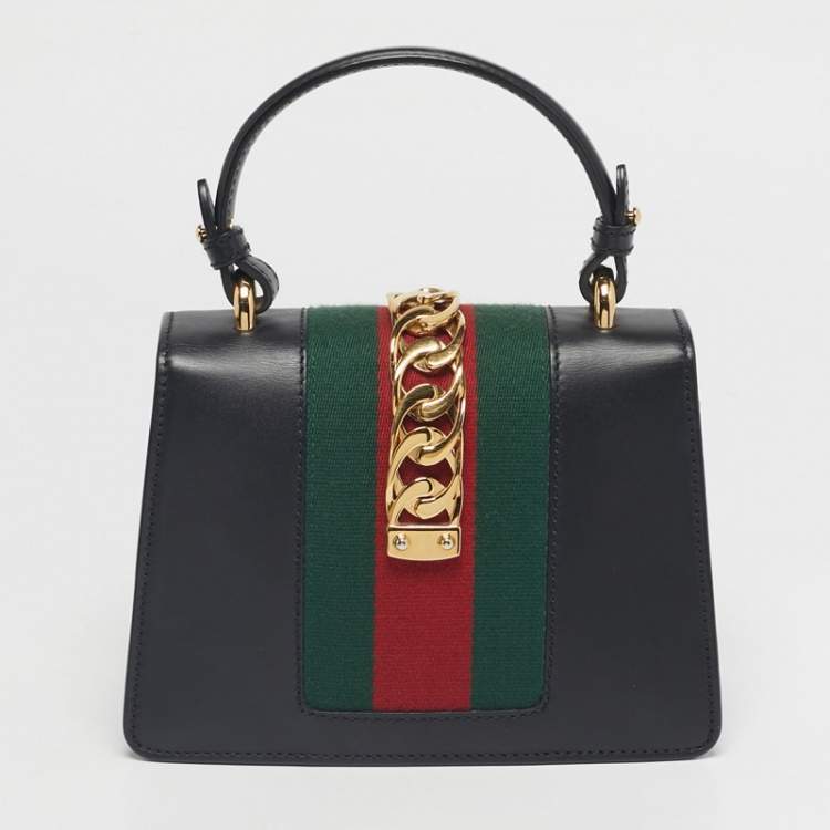 Pre Owned Gucci Black Leather Mini Web Sylvie Top Handle Bag