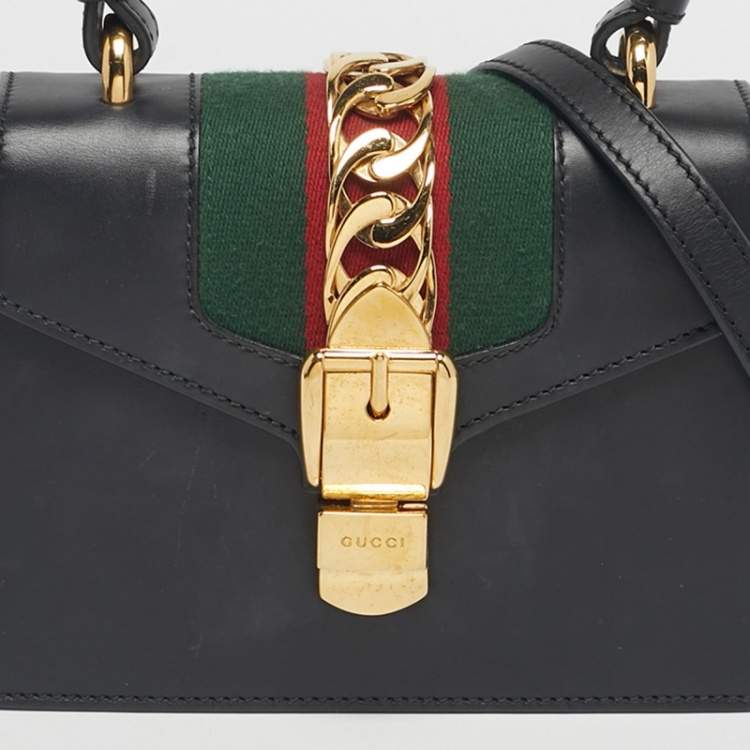 Pre Owned Gucci Black Leather Mini Web Sylvie Top Handle Bag