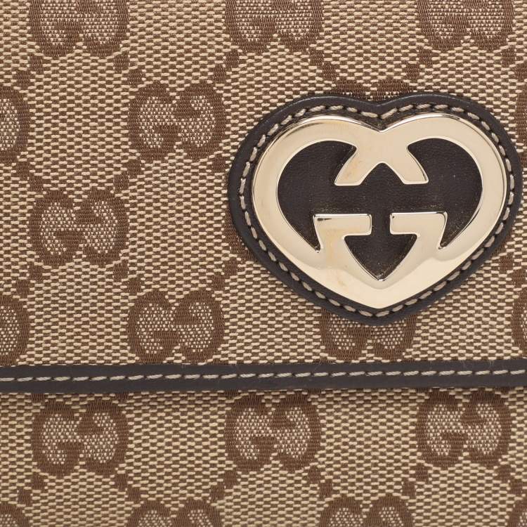 Pre Owned Gucci Beige/Brown GG Canvas Lovely Heart Continental Wallet