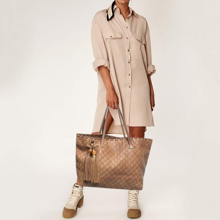 Pre Owned Gucci Brown Guccissima Leather Bamboo Tassel Tote