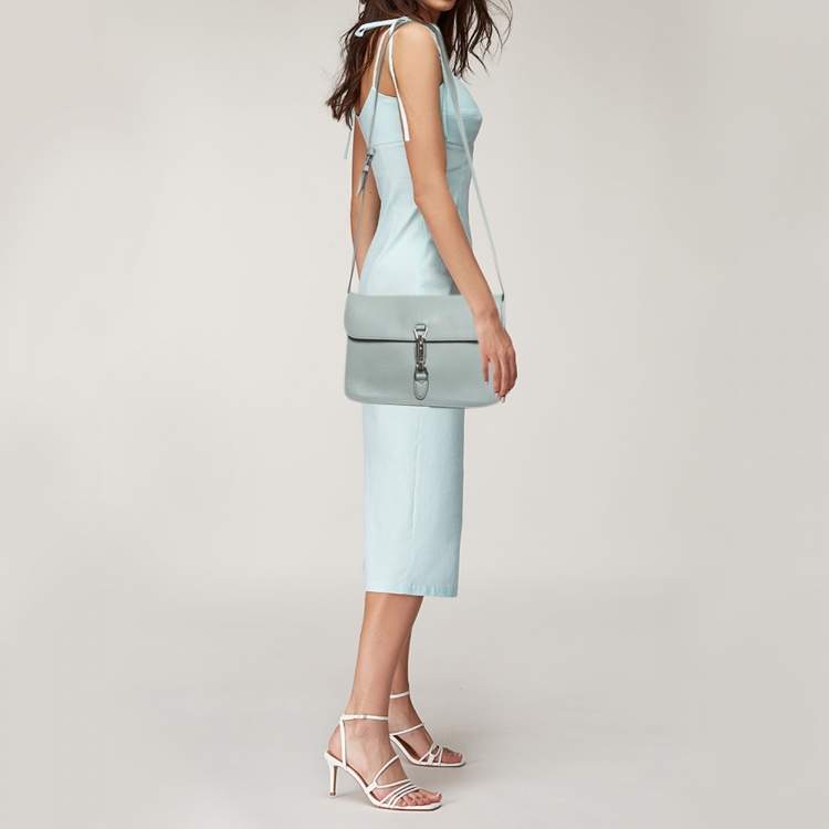 Pre Owned Gucci Light Blue Leather Soft Jackie Flap Shoulder Bag