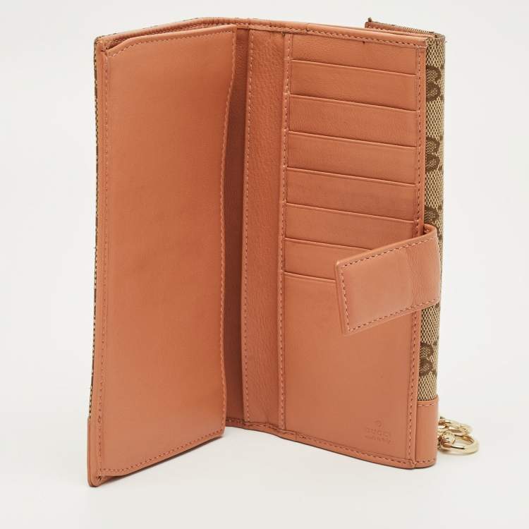 Pre Owned Gucci Beige/Peach GG Canvas and Leather Heart Charm Continental Wallet