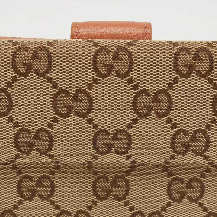 Pre Owned Gucci Beige/Peach GG Canvas and Leather Heart Charm Continental Wallet
