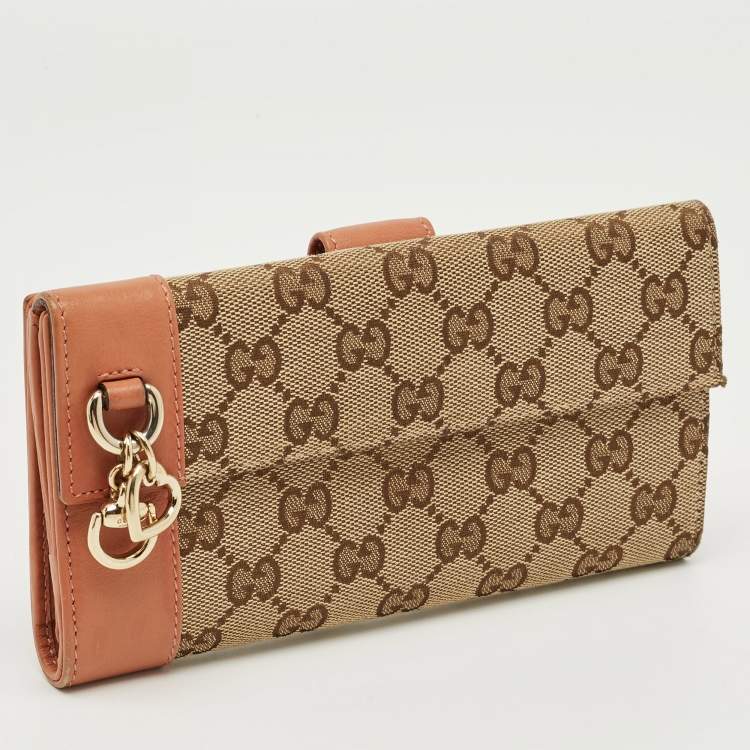 Pre Owned Gucci Beige/Peach GG Canvas and Leather Heart Charm Continental Wallet