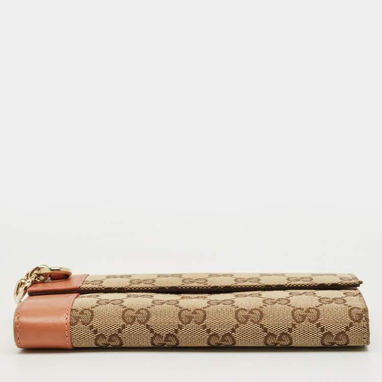 Pre Owned Gucci Beige/Peach GG Canvas and Leather Heart Charm Continental Wallet