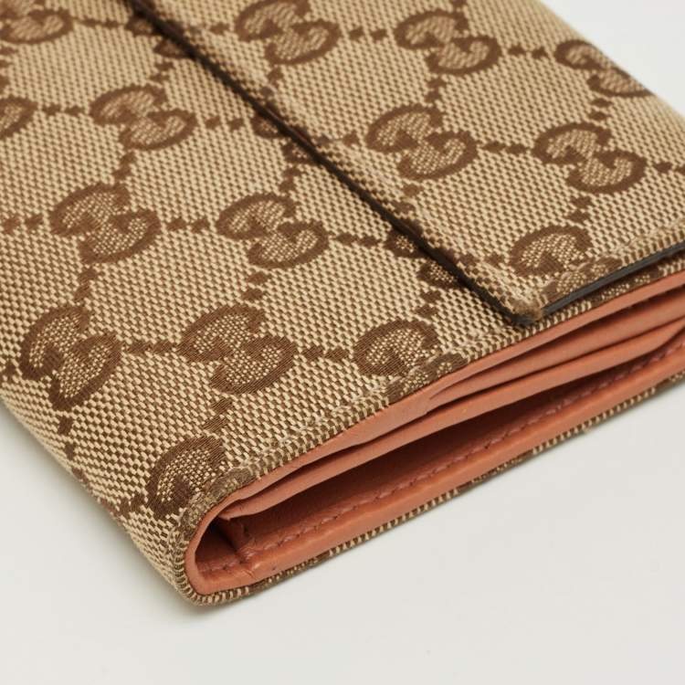 Pre Owned Gucci Beige/Peach GG Canvas and Leather Heart Charm Continental Wallet