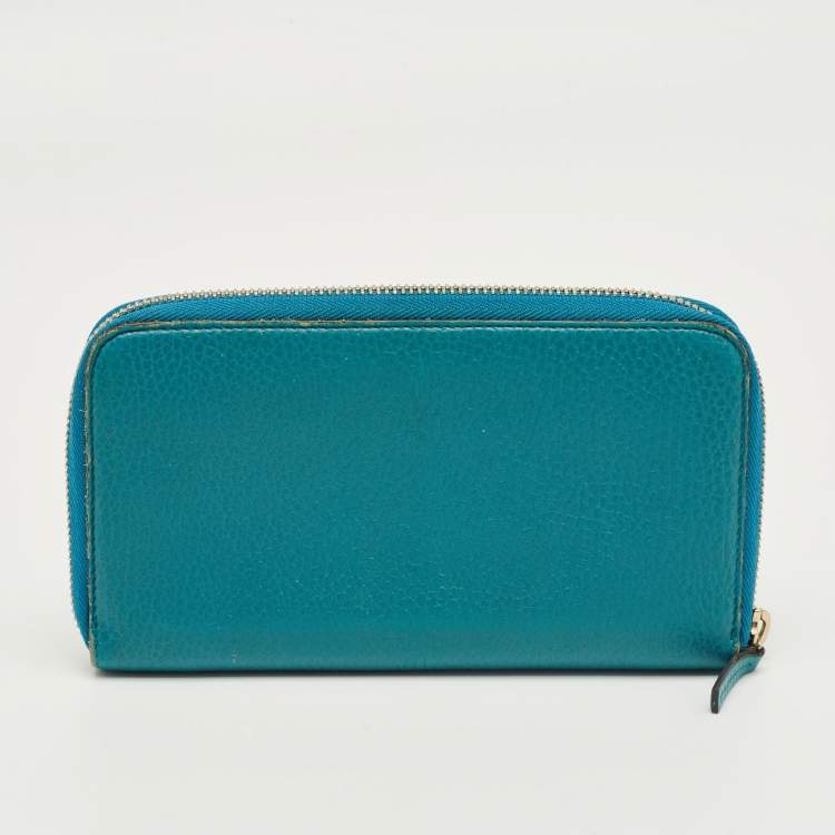 Pre Owned Gucci Turquoise Blue Leather Interlocking G Zip Around Wallet