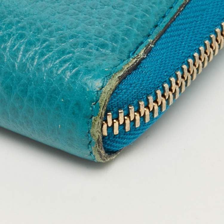 Pre Owned Gucci Turquoise Blue Leather Interlocking G Zip Around Wallet