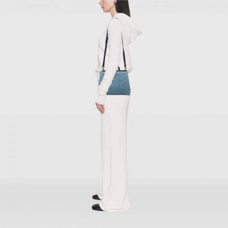 Pre Owned Gucci GG Marmont Matelasse Pearly Small Blue Denim Satchel Bag