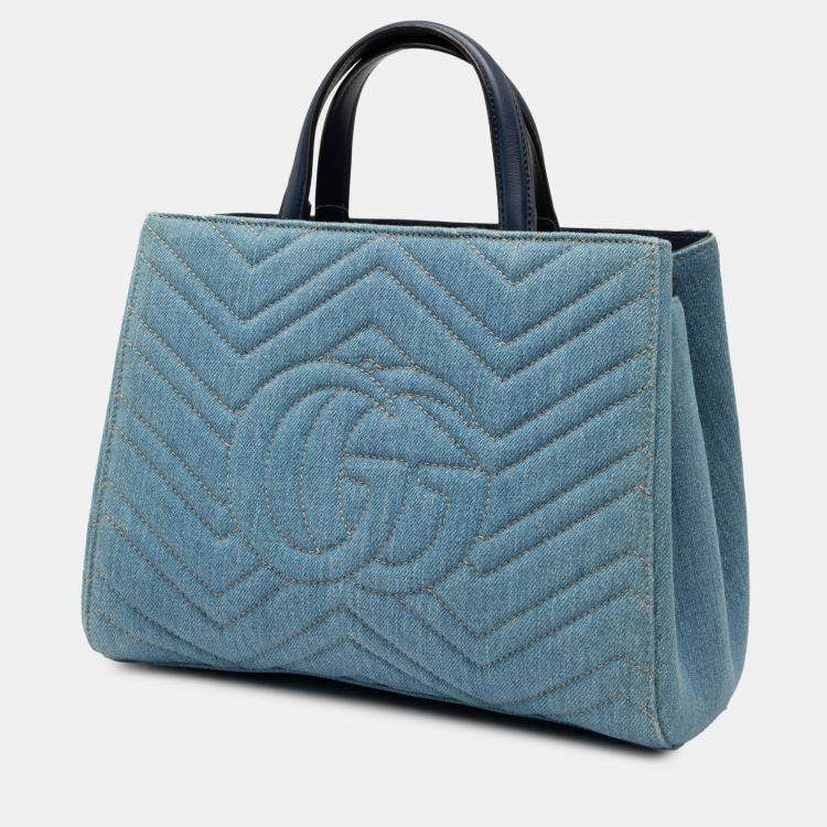 Pre Owned Gucci GG Marmont Matelasse Pearly Small Blue Denim Satchel Bag