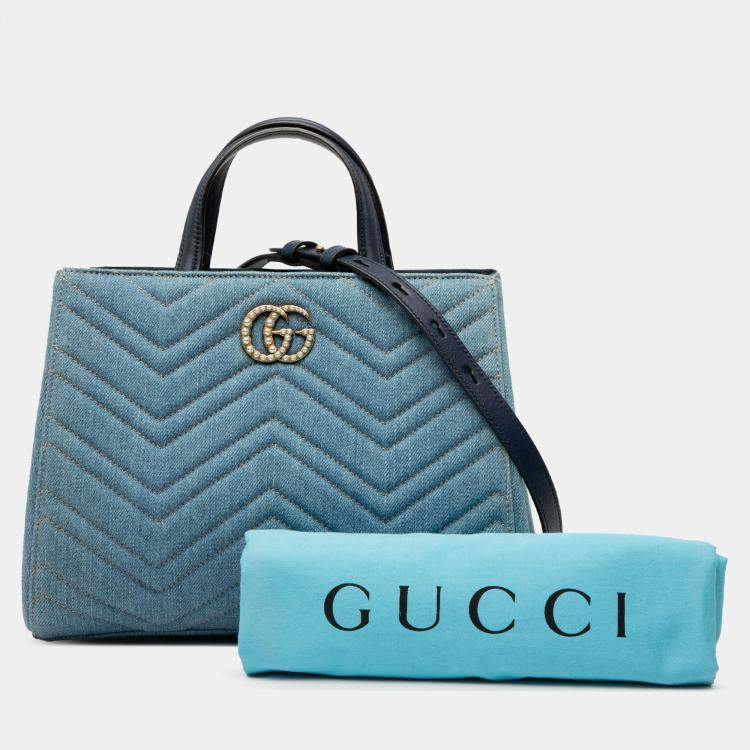 Pre Owned Gucci GG Marmont Matelasse Pearly Small Blue Denim Satchel Bag