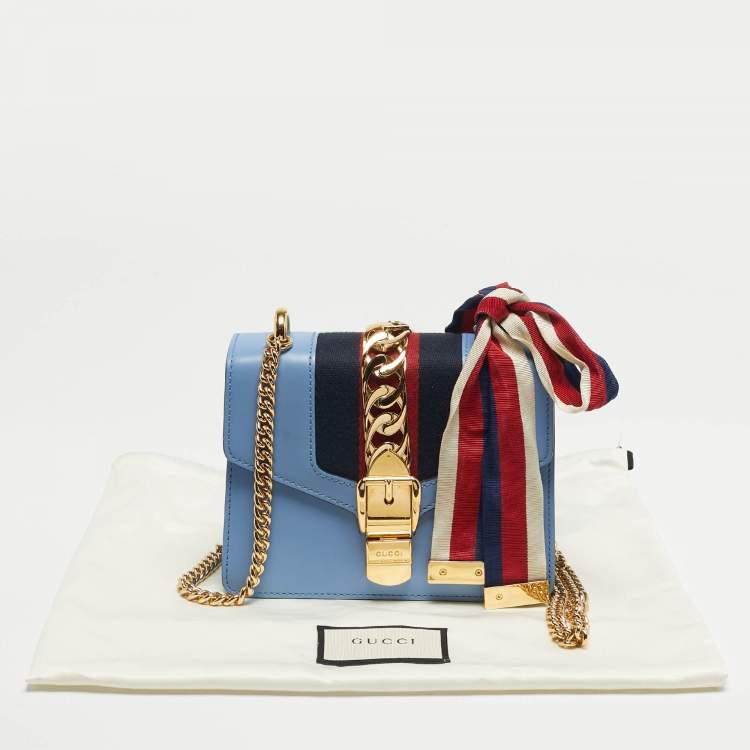 Pre Owned Gucci Light Blue Leather Mini Web Chain Sylvie Shoulder Bag