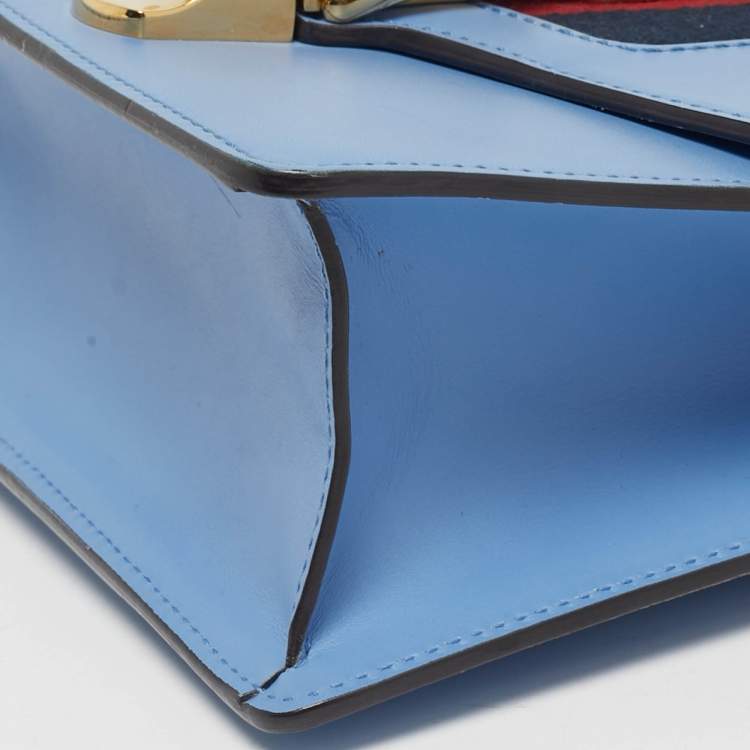 Pre Owned Gucci Light Blue Leather Mini Web Chain Sylvie Shoulder Bag