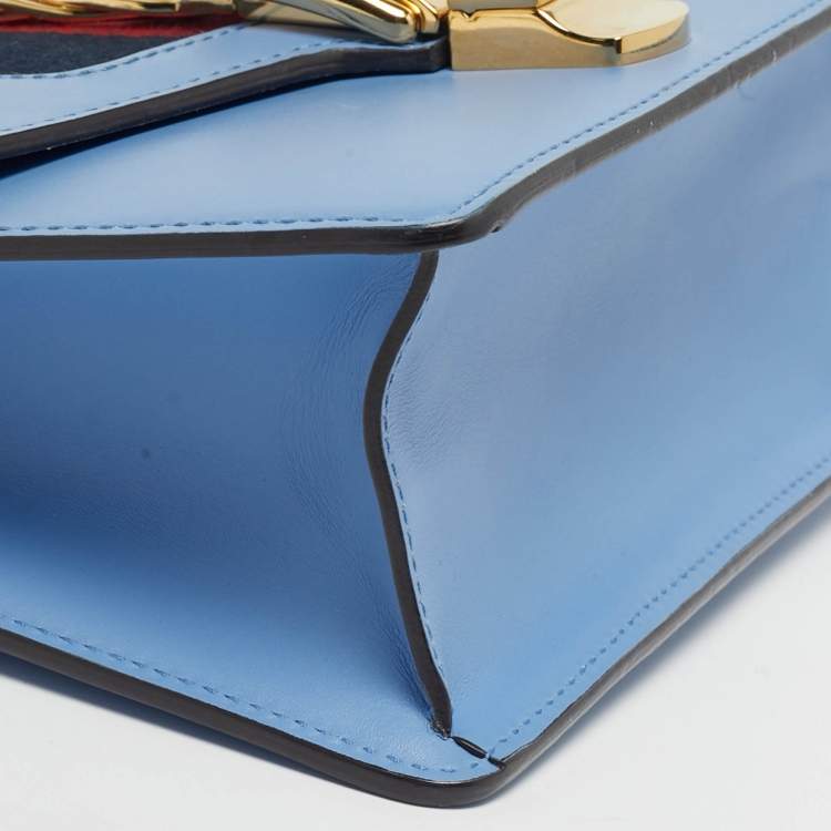 Pre Owned Gucci Light Blue Leather Mini Web Chain Sylvie Shoulder Bag