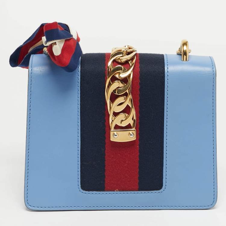 Pre Owned Gucci Light Blue Leather Mini Web Chain Sylvie Shoulder Bag