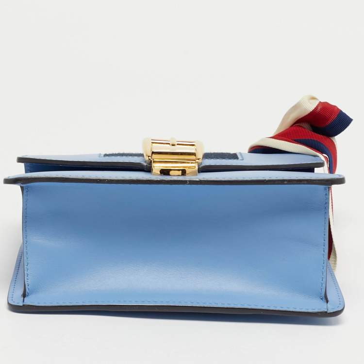 Pre Owned Gucci Light Blue Leather Mini Web Chain Sylvie Shoulder Bag