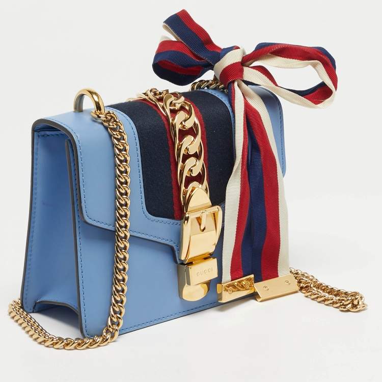 Pre Owned Gucci Light Blue Leather Mini Web Chain Sylvie Shoulder Bag