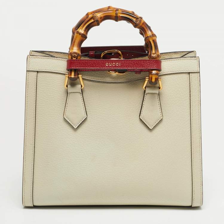 Pre Owned Gucci Off White Leather Small Bamboo Diana Tote