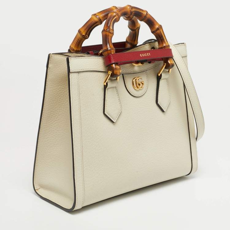 Pre Owned Gucci Off White Leather Small Bamboo Diana Tote