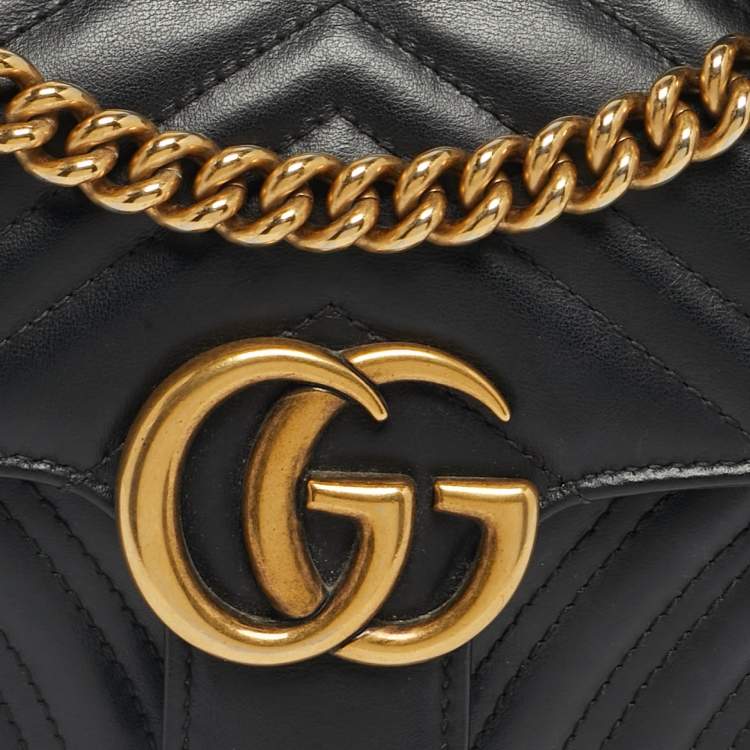 Pre Owned Gucci Black Matelassé Leather Mini GG Marmont Shoulder Bag