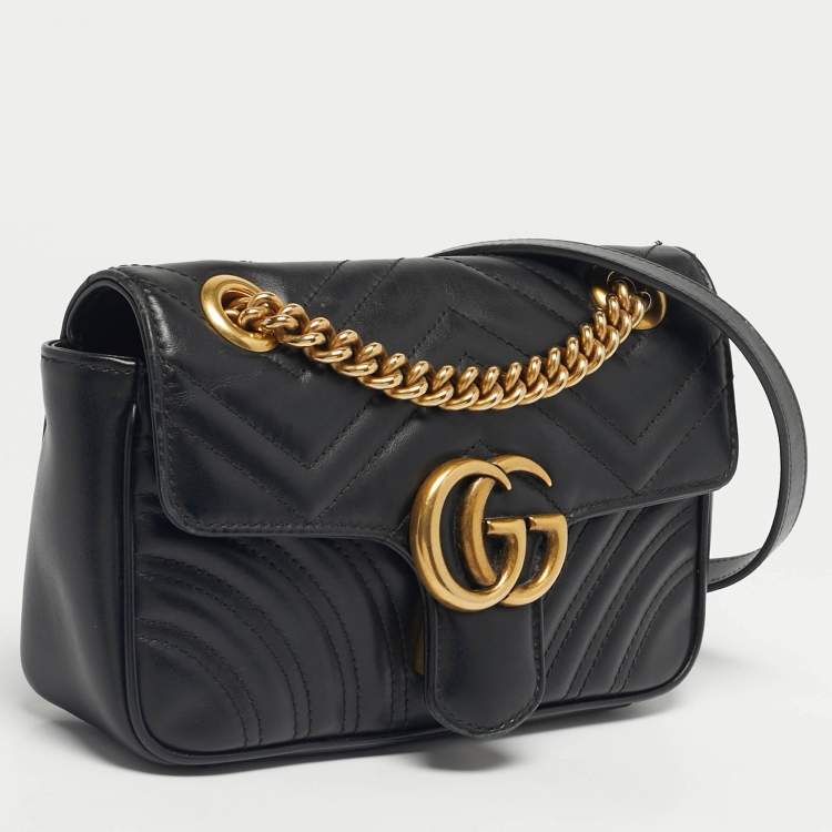 Pre Owned Gucci Black Matelassé Leather Mini GG Marmont Shoulder Bag