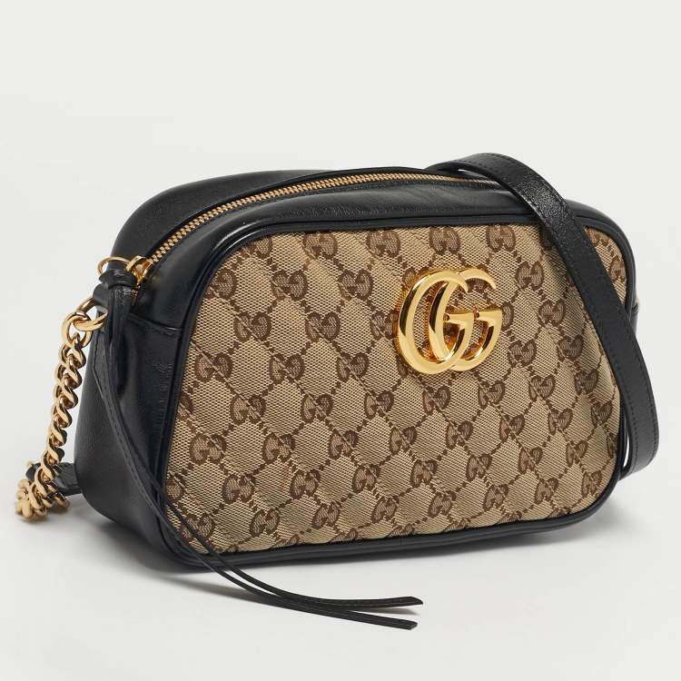 Pre Owned Gucci Black/Beige GG Canvas and Leather Small GG Marmont Camera Bag