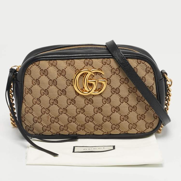Pre Owned Gucci Black/Beige GG Canvas and Leather Small GG Marmont Camera Bag
