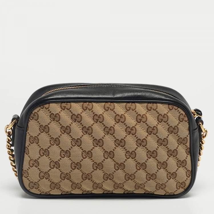 Pre Owned Gucci Black/Beige GG Canvas and Leather Small GG Marmont Camera Bag