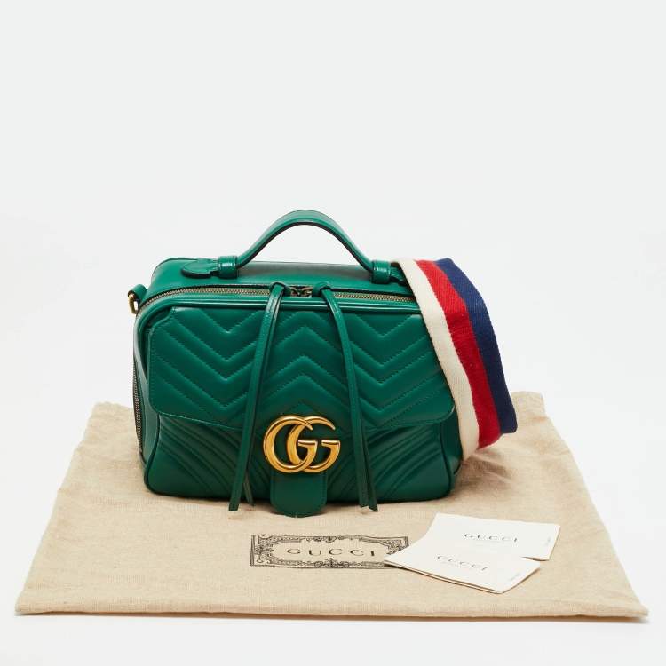 Pre Owned Gucci Green Matelasse Leather GG Marmont Camera Top Handle Bag