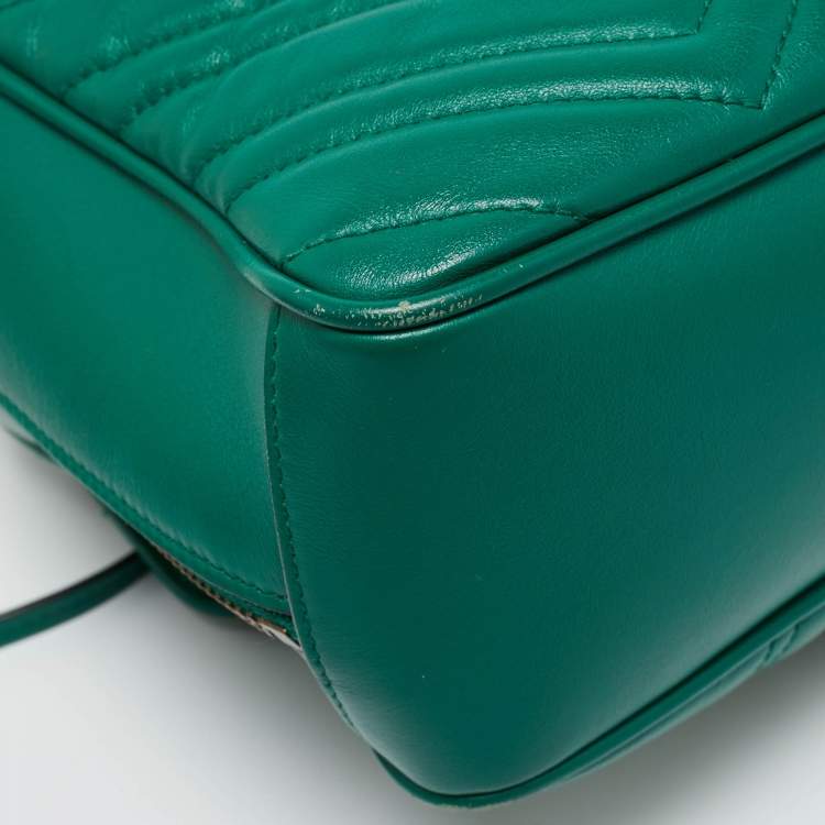 Pre Owned Gucci Green Matelasse Leather GG Marmont Camera Top Handle Bag