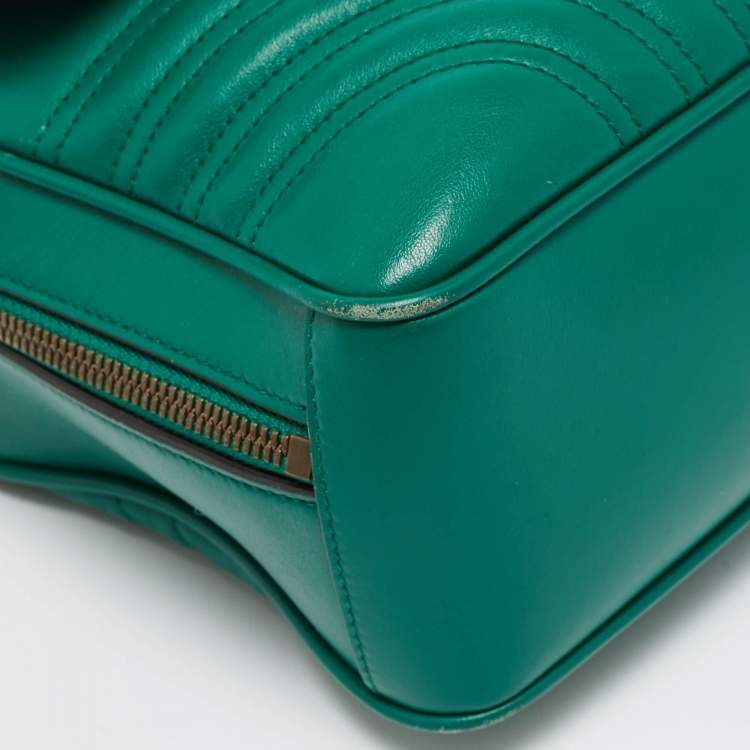 Pre Owned Gucci Green Matelasse Leather GG Marmont Camera Top Handle Bag