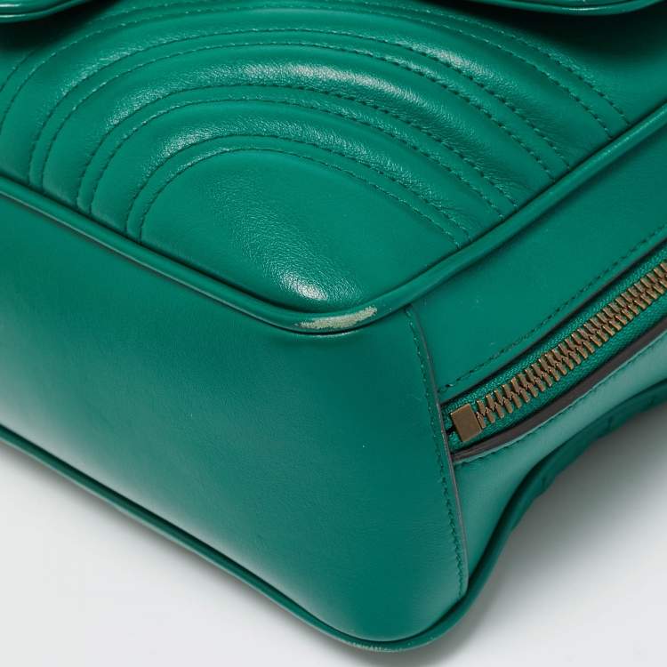 Pre Owned Gucci Green Matelasse Leather GG Marmont Camera Top Handle Bag