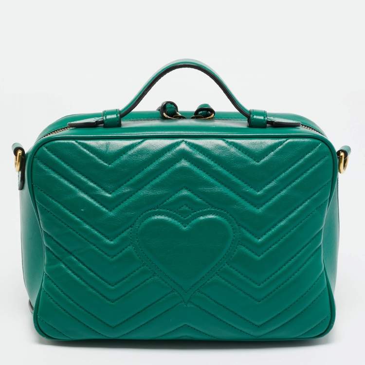 Pre Owned Gucci Green Matelasse Leather GG Marmont Camera Top Handle Bag