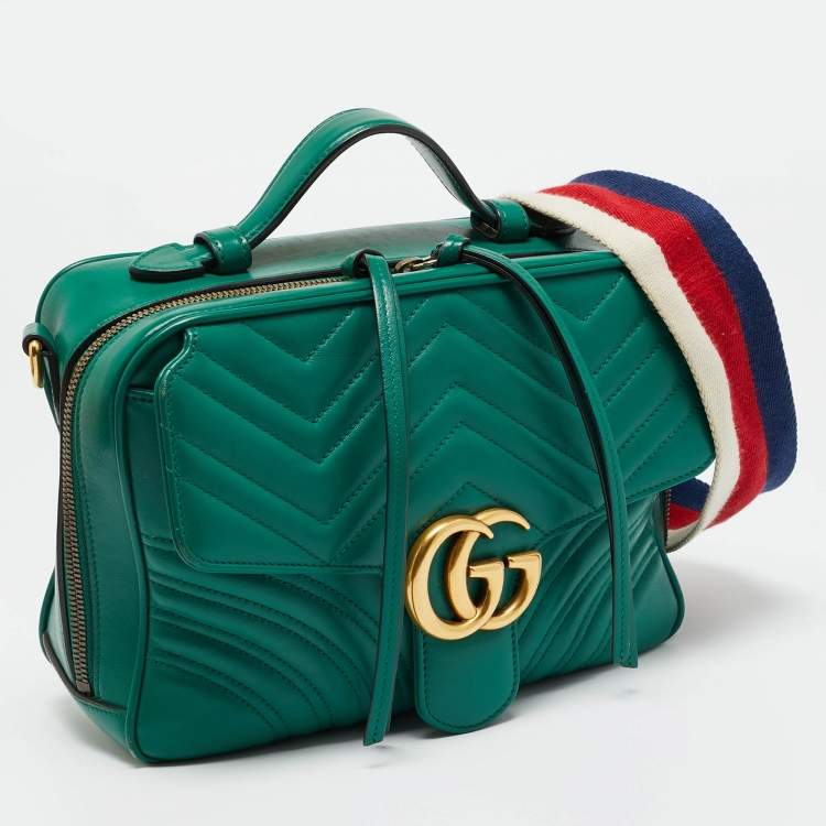 Pre Owned Gucci Green Matelasse Leather GG Marmont Camera Top Handle Bag