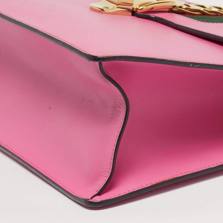 Pre Owned Gucci Fuchsia Leather Medium Web Sylvie Top Handle Bag