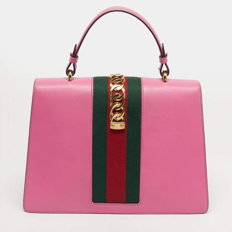 Pre Owned Gucci Fuchsia Leather Medium Web Sylvie Top Handle Bag