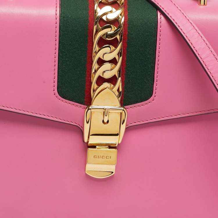 Pre Owned Gucci Fuchsia Leather Medium Web Sylvie Top Handle Bag