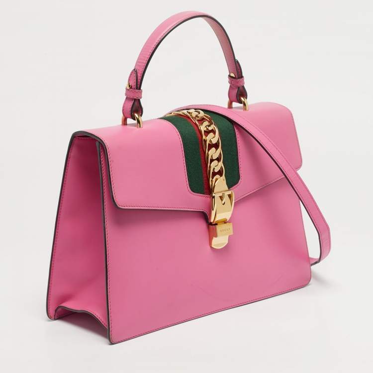Pre Owned Gucci Fuchsia Leather Medium Web Sylvie Top Handle Bag