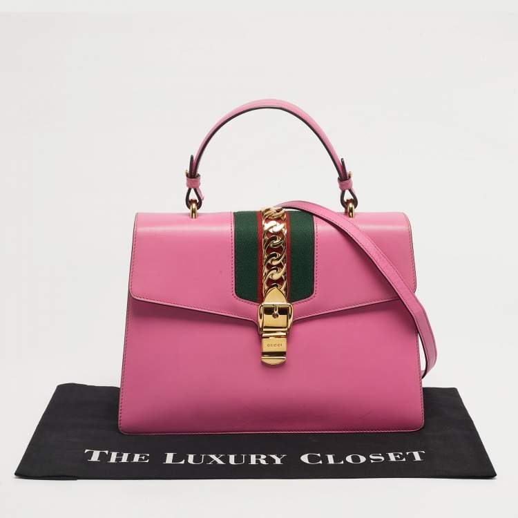 Pre Owned Gucci Fuchsia Leather Medium Web Sylvie Top Handle Bag