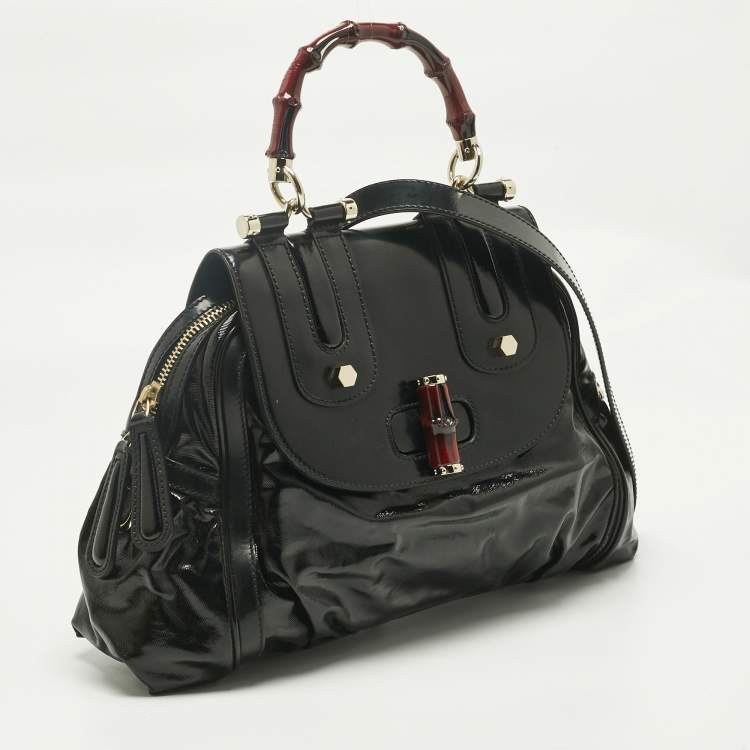 Pre Owned Gucci Black Coated Fabric and Leather Dialux Pop Bamboo Top Handle Bag