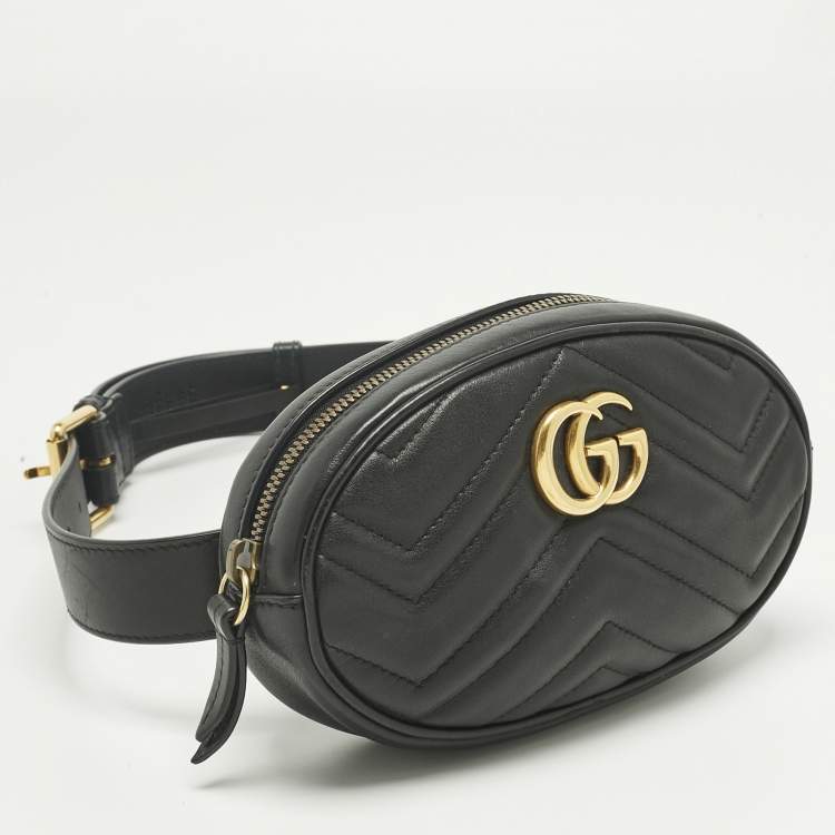 Pre Owned Gucci Black Matelassé Leather Mini GG Marmont Belt Bag