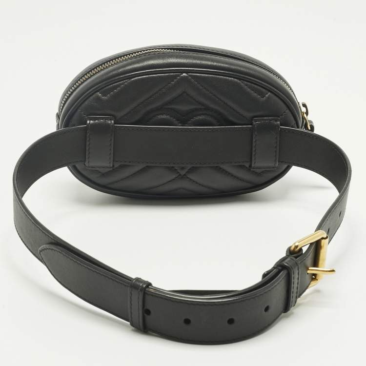 Pre Owned Gucci Black Matelassé Leather Mini GG Marmont Belt Bag