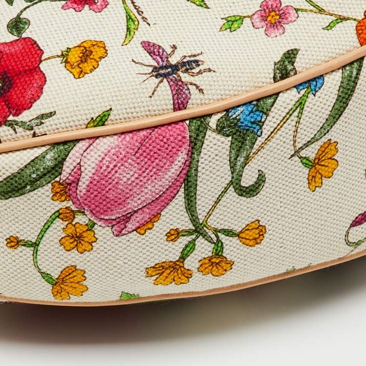 Pre Owned Gucci Multicolor Botanical Floral Canvas and Leather Bamboo Ring Hobo