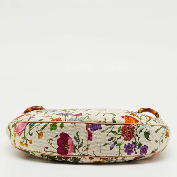 Pre Owned Gucci Multicolor Botanical Floral Canvas and Leather Bamboo Ring Hobo