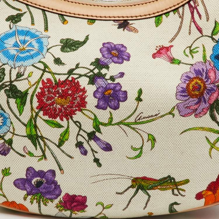 Pre Owned Gucci Multicolor Botanical Floral Canvas and Leather Bamboo Ring Hobo
