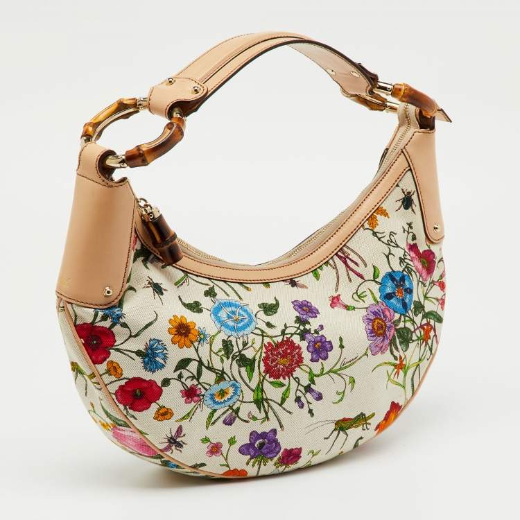 Pre Owned Gucci Multicolor Botanical Floral Canvas and Leather Bamboo Ring Hobo