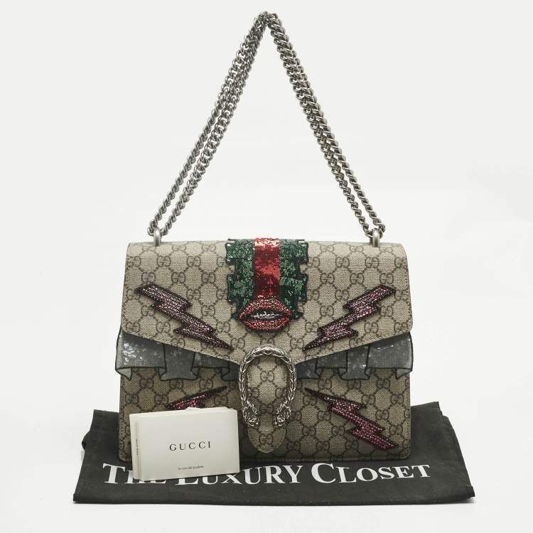 Pre Owned Gucci Beige GG Supreme Canvas and Suede Medium Patchwork Crystal Dionysus Shoulder Bag
